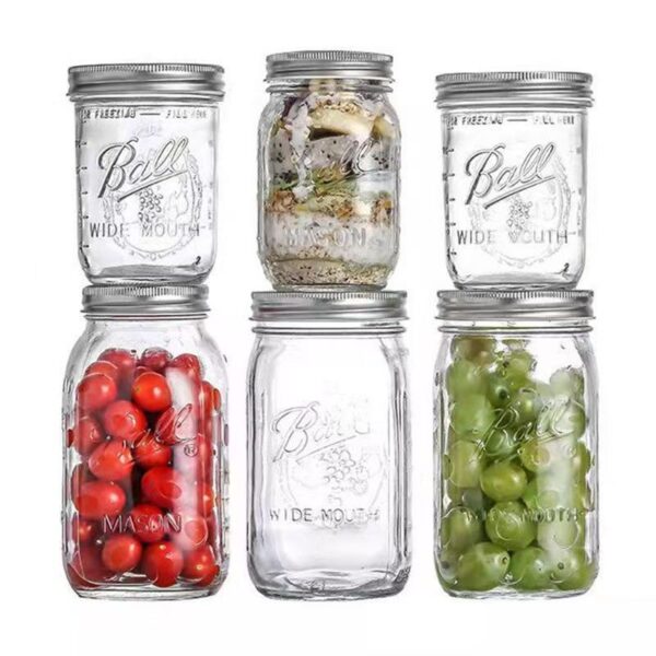 American Style Embossed Glass Mason Jar with Lid – For Milk, Salad, Jam & Canning (4) Embossed glass Mason jar