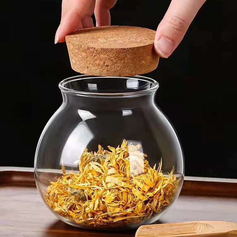 Clear Glass Storage Jar with Cork Lid for Tea, Dried Fruit, and Spices Supplier (5) Clear Glass Storage Jar with Cork Lid