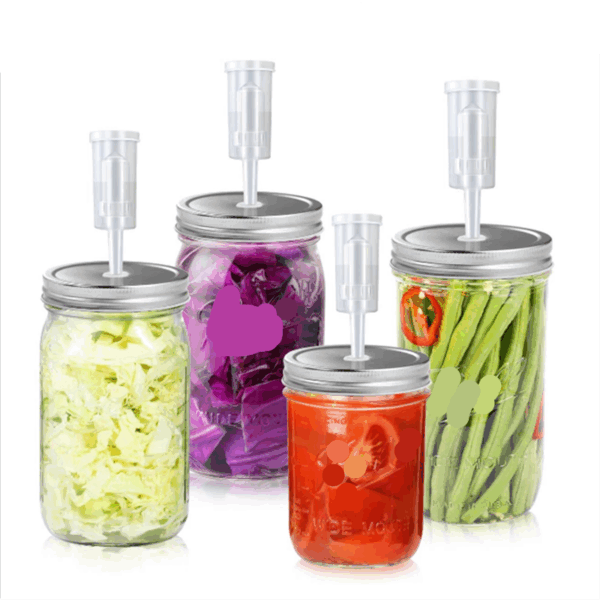 Wide-mouth Mason glass jars with airlocks